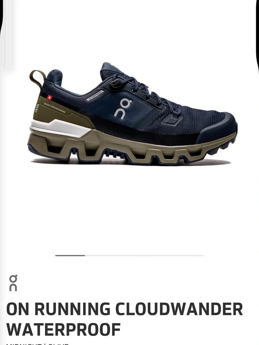On Waterproof Men's Trail Shoes in midnight blue and Olive